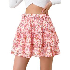 Women's Layered Ruffle Hem Elastic Waist A-Line Skater Floral Mini Skirt Pink